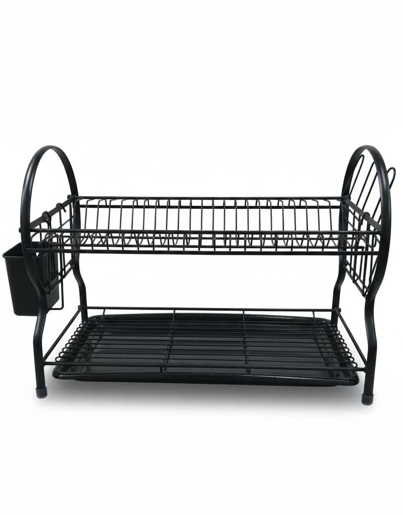 Spaceshoop 2-Tier Dish Drying Rack with Drainboard Utensil Holder Rust-Resistant Carbon Steel 1 Piece Black