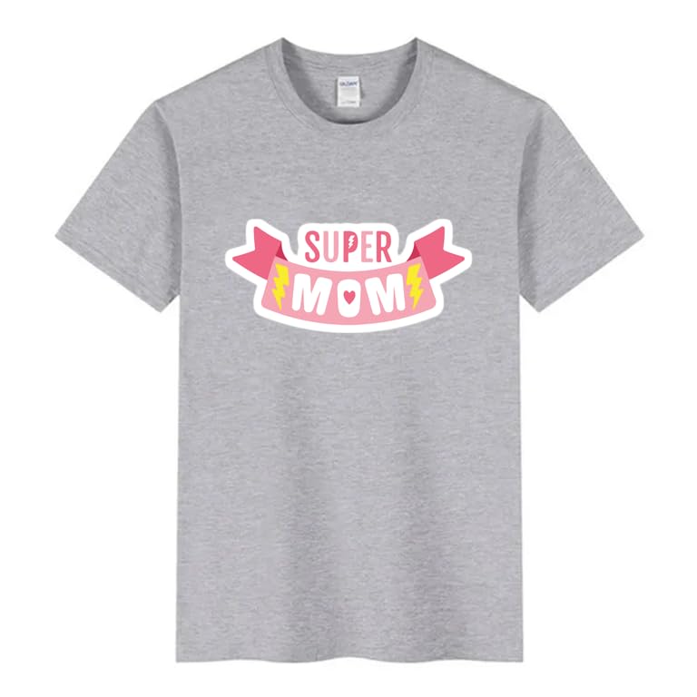 cotton Grey T-Shirt, Short Sleeves, super mom word, Cotton, Size (2XL)