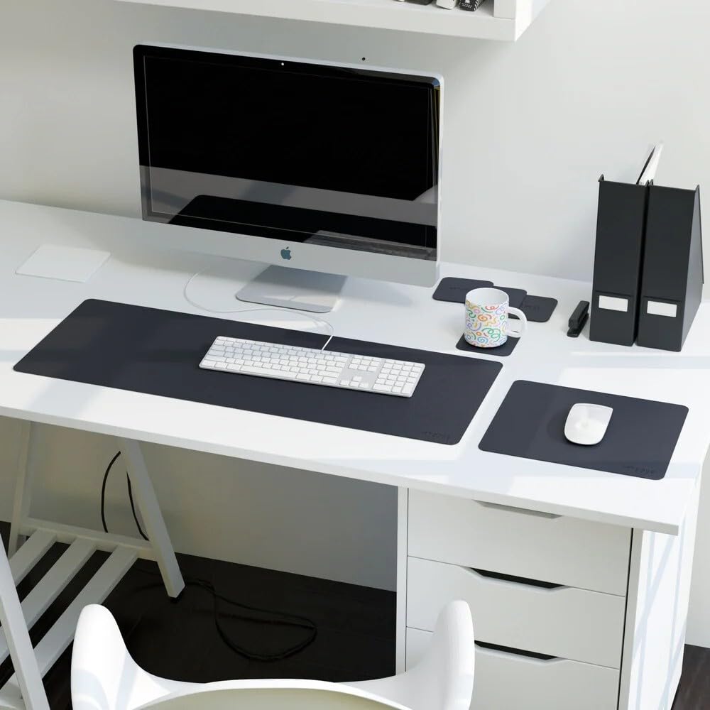 ART MOOD HOME Leather Office Set - Premium Faux Leather Desk Accessories with Elegant Detailings, Perfect for Organizing Home Office - 1 Large Pad, 1 Mouse Pad, 4 Coasters, Tissue Box - Dark Blue