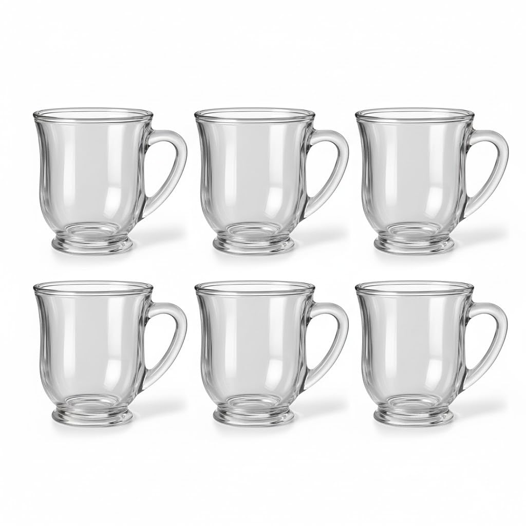 Portal Small Clear Glass Coffee and Tea Cup with Handle – Plain Glass Istikana with Base for Hot Drinks (6 Piece)
