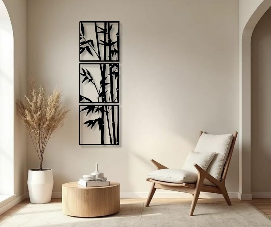 Bamboo Wall Art – 3-Piece Vertical Set (40x40cm Each) – Total Height 120cm – Laser Cut MDF Panels – Zen Nature-Inspired Decor – Easy to Hang