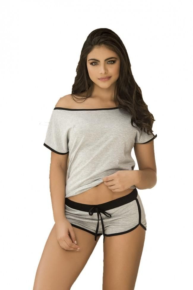 Women's Cotton Shorts Pajama Set 2 Piece Grey with Black Trim