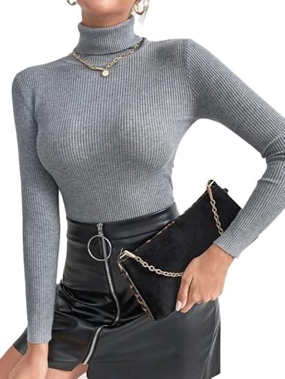 Womens Ribbed High Neck Long Sleeve Blouse Red Green Grey
