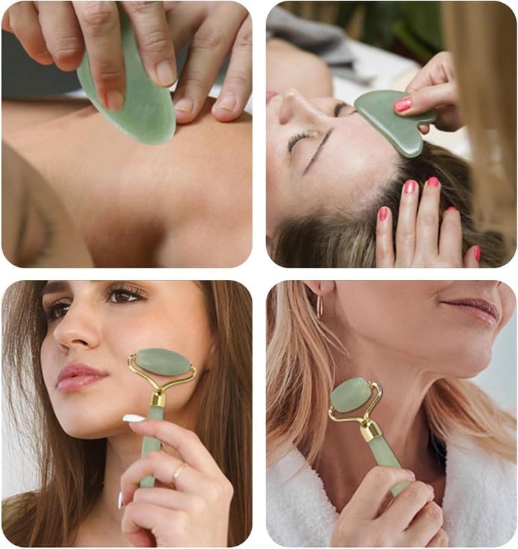 Facial Massager Jade Roller & Gua Sha Tool Natural Stone + Hair Growth Rollar 0.5Mm With 540 Titanium Alloy Needles + Ice Face Roller Silicone Facial Cube Set Of 3