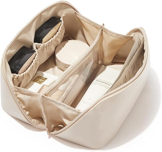ANGENIL Makeup Pouch Bag, Travel Pouches for Women, Vanity Bag for Women Latest, Cosmetic Organizer, Travel Toiletry Bag, Mini Makeup Bag and Skincare Pouch, Leather Vanity Bag (White, Medium)