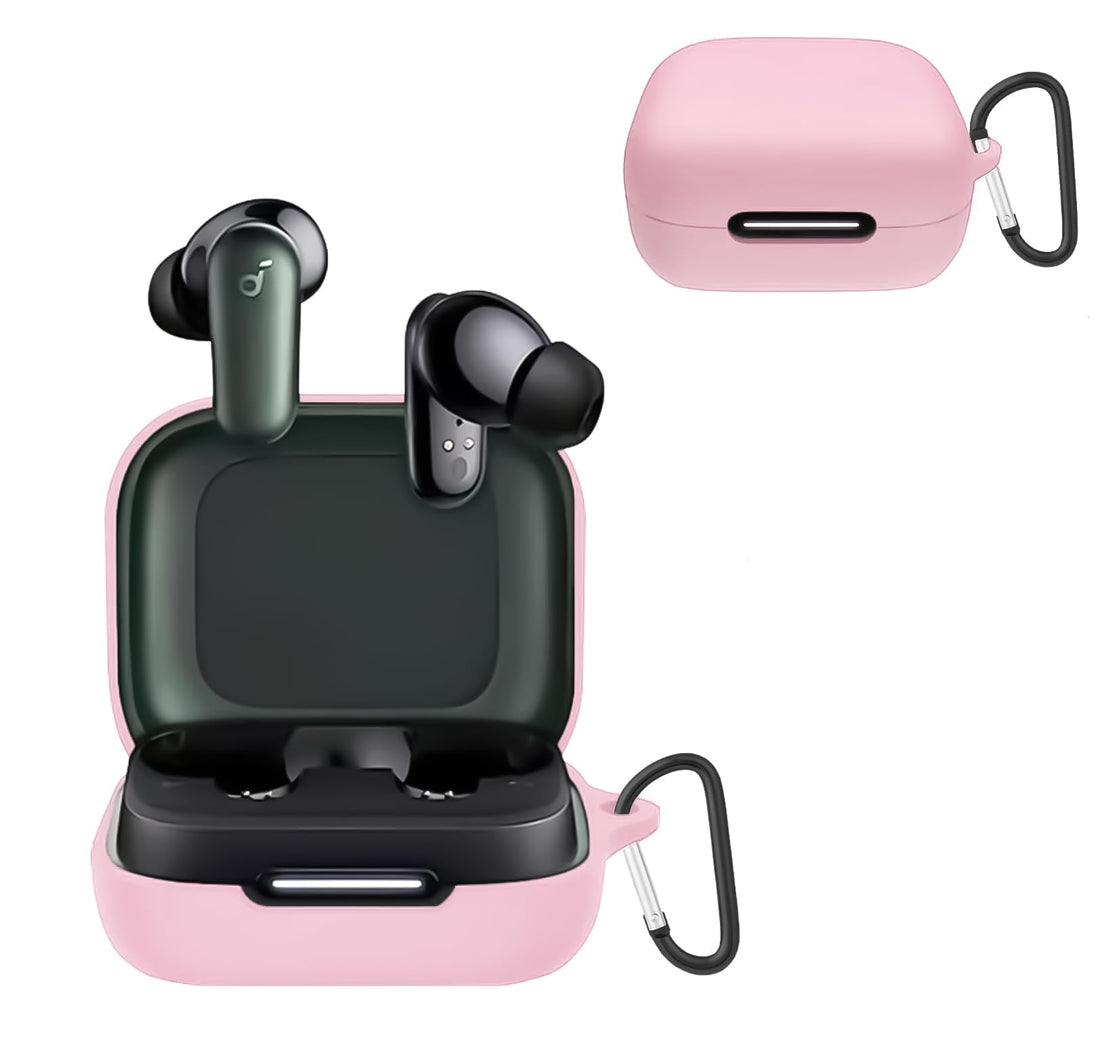 Dl3 Mobilak Compatible with Anker Soundcore R50i NC/Anker P30i Case Cover, Soft Silicone Shockproof Protective Case Wireless Earbuds with Carabiner, Front LED Visible (Pink)
