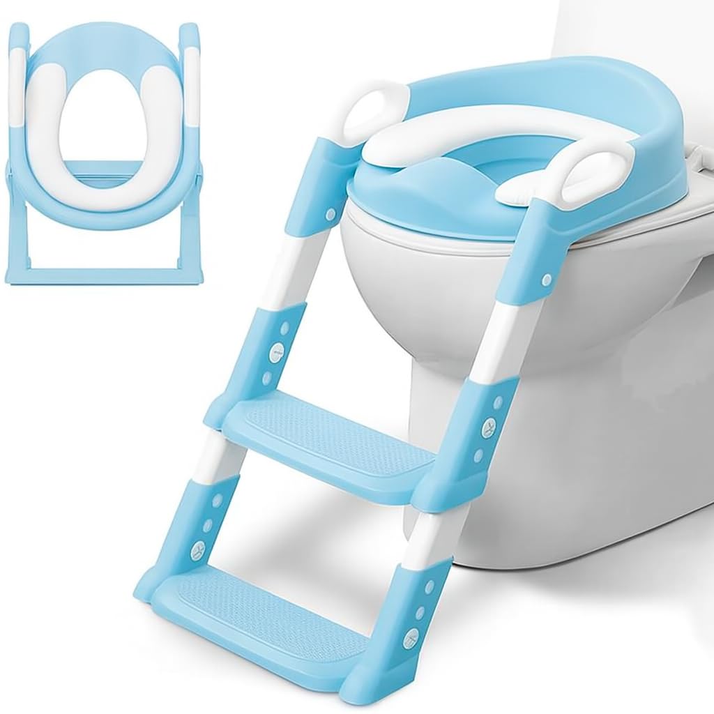 Toddler Potty Training Seat with Step Stool Ladder – Foldable Toilet Trainer with Soft Cushion & Splash Guard for Boys and Girls, High End Export Plastic Material Kids Toilet Seat (Aqua)