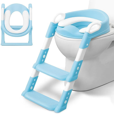 Toddler Potty Training Seat with Step Stool Ladder – Foldable Toilet Trainer with Soft Cushion & Splash Guard for Boys and Girls, High End Export Plastic Material Kids Toilet Seat (Aqua)