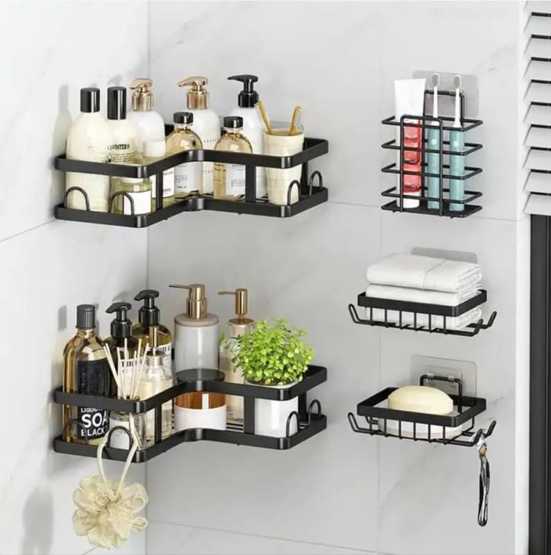 Corner Shower Shelves with 12 Hooks, Set of 5, Rustproof Stainless Steel Organizer with Upgraded Strong Adhesive, No-Drilling Wall Mounted Caddy for Bathroom and Kitchen Storage - Black