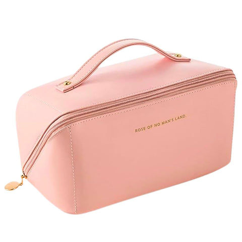 Leather Large Capacity Travel Cosmetic Bag, Multifunctional Storage Makeup Bag PU Leather Makeup Bag, Waterproof Travel Cosmetic Bags with Handle and Divider for Women (Pink)