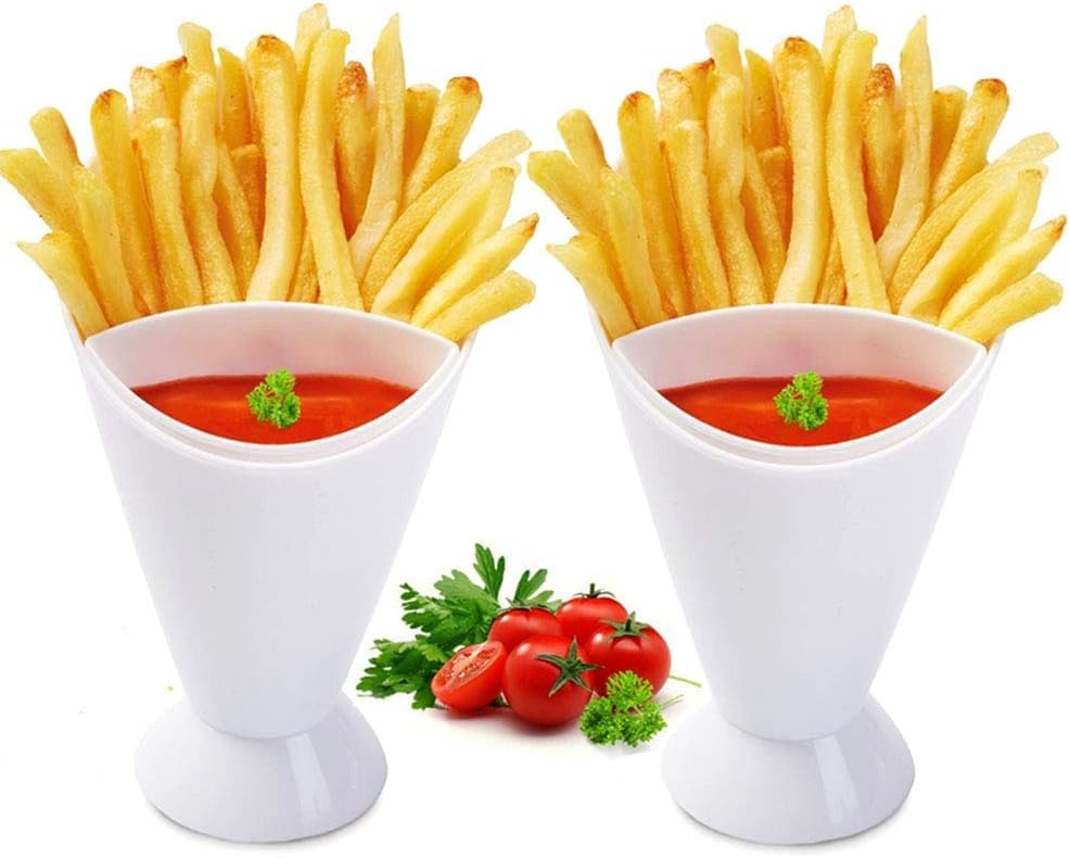 Dollar French Fries Holder with Dipping Cup, White 2 Pieces French Fries Holder for Snacks and Sauces Import Houseware