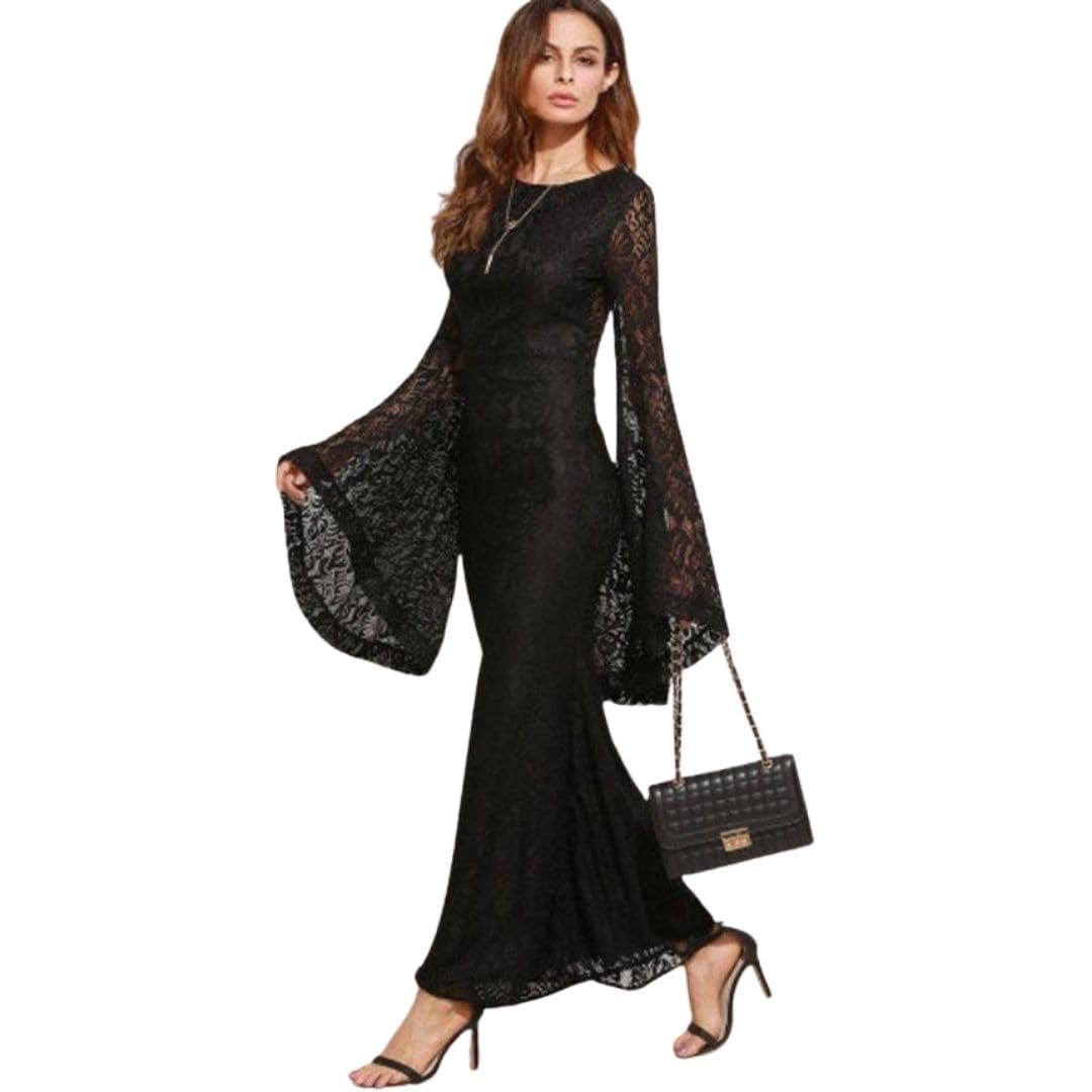 Women's Lace Padded Wide Sleeve Black Dress (XX, Black)