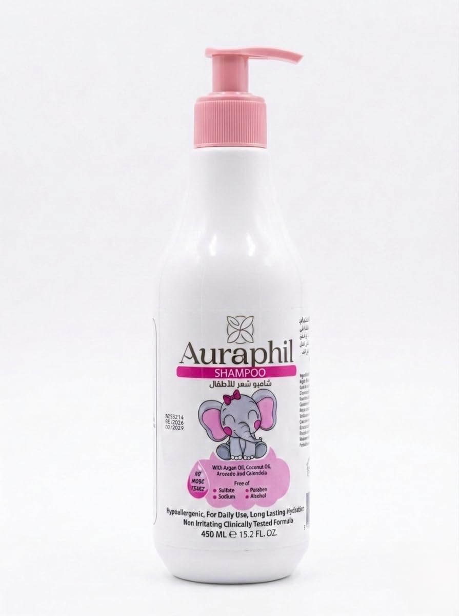 Auraphil Kids Shampoo - "No Tears" Formula with Coconut Argan Oil, Wheat Protein & Avocado - Sulfate & Paraben Free for Healthy & Smooth Hair Repairs Dry & Frizzy Hair - Safe From Day 1-450ml