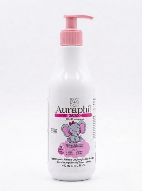 Auraphil Kids Shampoo - "No Tears" Formula with Coconut Argan Oil, Wheat Protein & Avocado - Sulfate & Paraben Free for Healthy & Smooth Hair Repairs Dry & Frizzy Hair - Safe From Day 1-450ml