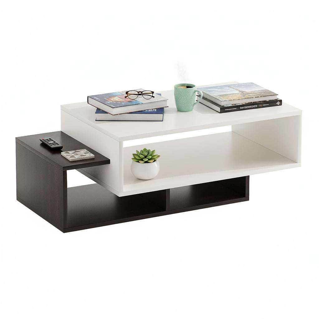 Burlyworth Pearson Modern Centre Table with Storage, Tea & Coffee Table for Living Room, Engineered Wood, Matte Finish, (Wenge & White) (Wenge & White)