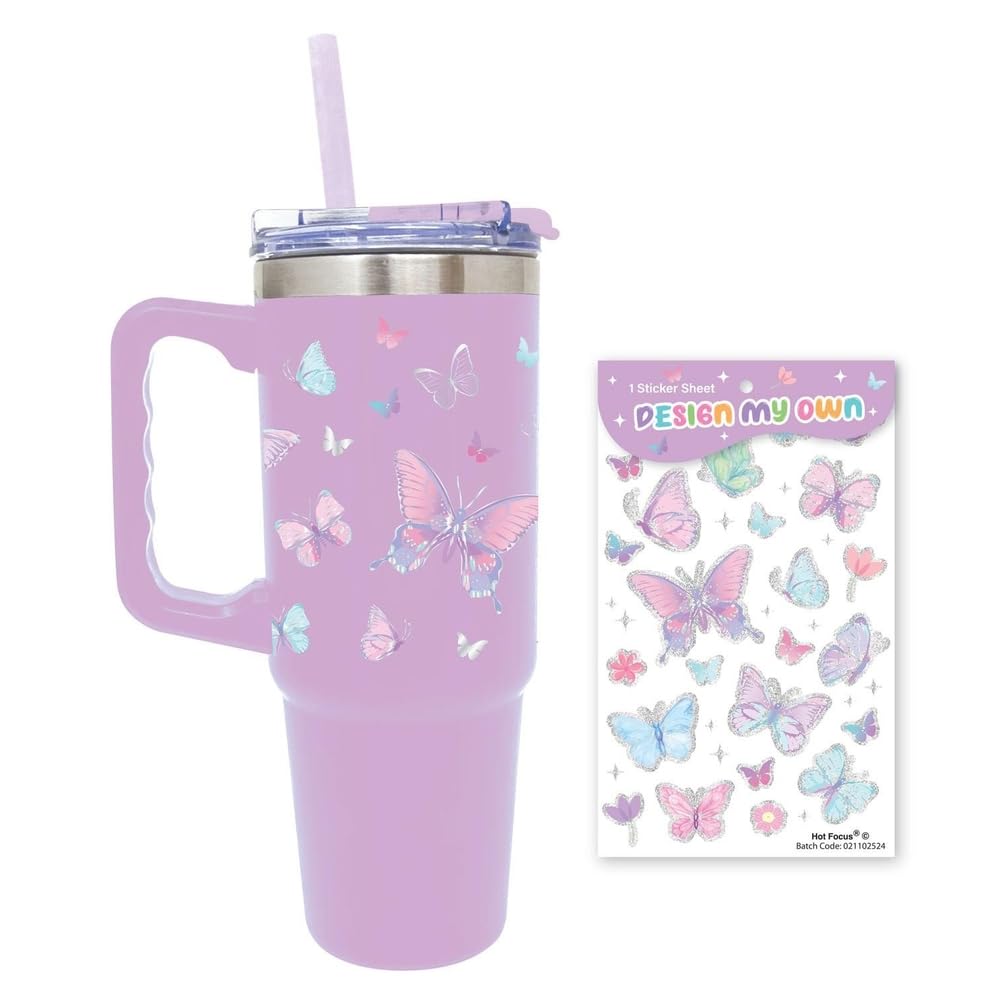 Hot Focus - Tie-Dye Butterfly Insulated Unique Stainless Steel Tumbler with Butterflies Stickers - 467TB