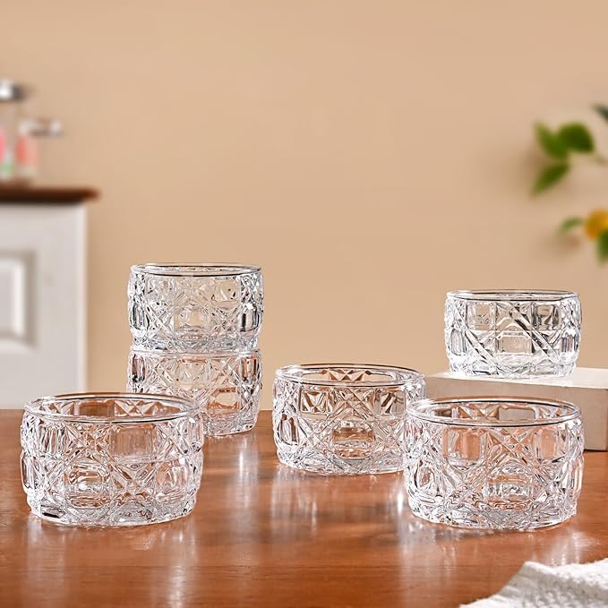 Clear Embossed Glass Bowl, 6 Pieces, 160 ml Each, Perfect for Ice Cream, Sauces and Pickles Volora