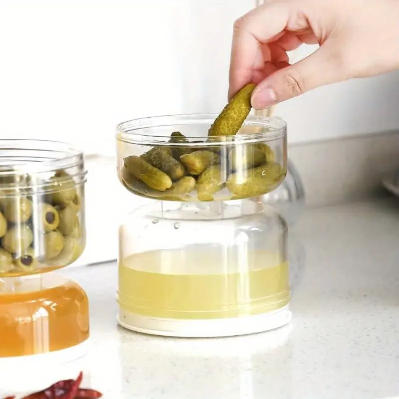 An hourglass-shaped pickle jar to separate dry and wet ingredients, with a tightly sealed lid.