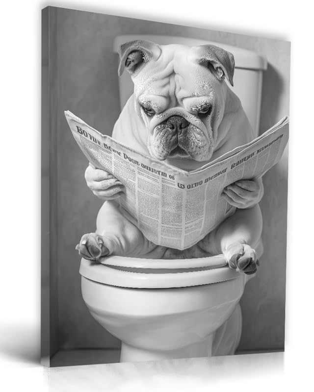 UPWOIGH Bathroom Wall Art, Black and White French Bulldog Dog Reading the Newspaper Wall Docer, Wood Framed Canvas Wall Art Animals Abstract Prints, 12"x16" High-end Pictures for Dormitory Kids Room
