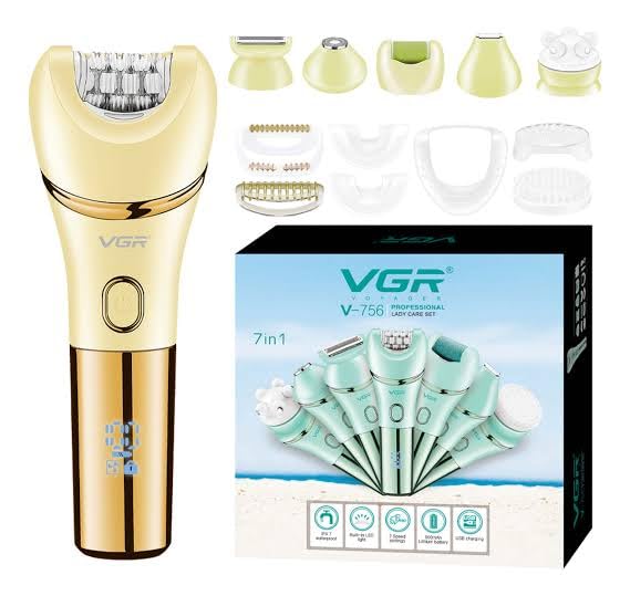 VGR V-756 7-in-1 Electric Lady Epilator Set, Facial Hair Trimmer, IPX7 Waterproof, 90-Minute Runtime, (Yellow)