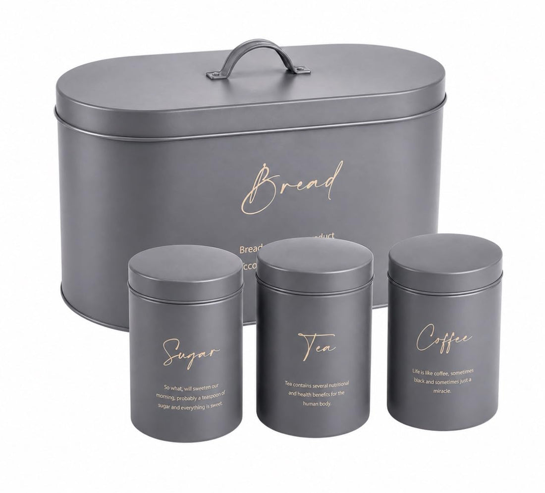 Downtown Bread Box Storage Set with 3 Canisters, Kitchen Counter Organizer for Bread, Sugar, Tea and Coffee Storage
