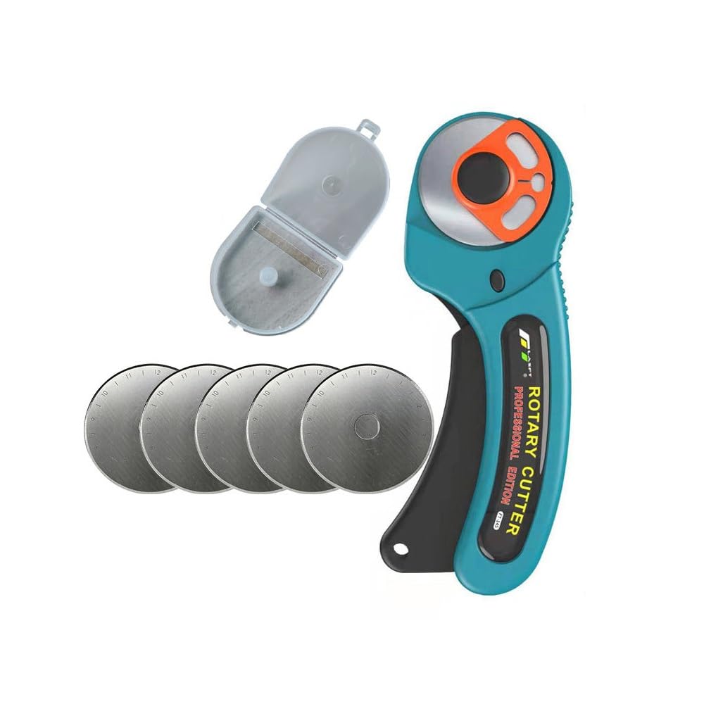 Rotary Cutter for Fabric, 45mm Fabric Cutter with 5pcs Extra Rotary Cutter Blades, Ergonomic Leather Cutting Tool for Leather, Crafting, Sewing, Quilting, Fabric Cutter Wheel for Left & Right Hand