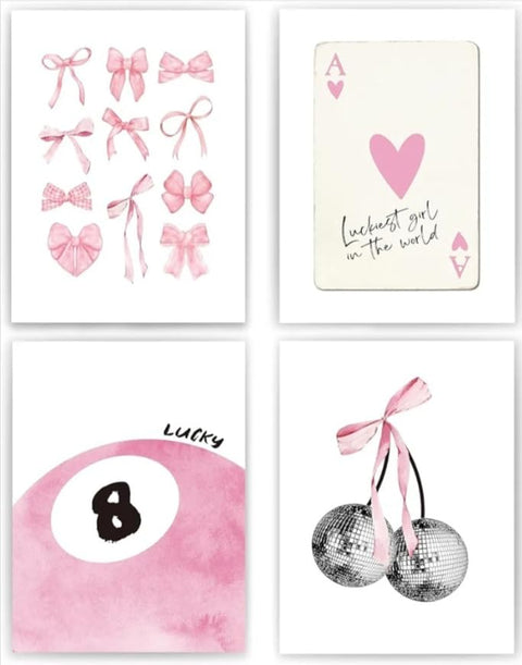 Pink Coquette Trendy Preppy Wall Art Laminated Prints Set of 4, Coquette Room Decor, Preppy Room Decor Aesthetic, Pink Bow Disco 8 Ball Cherry Wall Decor Posters for Girls Bedroom Dorm, 8*10 Unframed