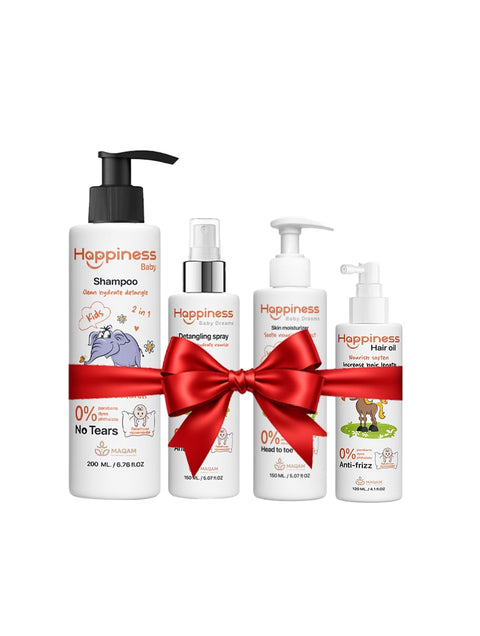 Happiness Baby Hair & Skin Care Gift Set, Kids 2-in-1 Shampoo, Detangling Spray, Moisturiser & Hair Oil, No Tears, Anti-Frizz