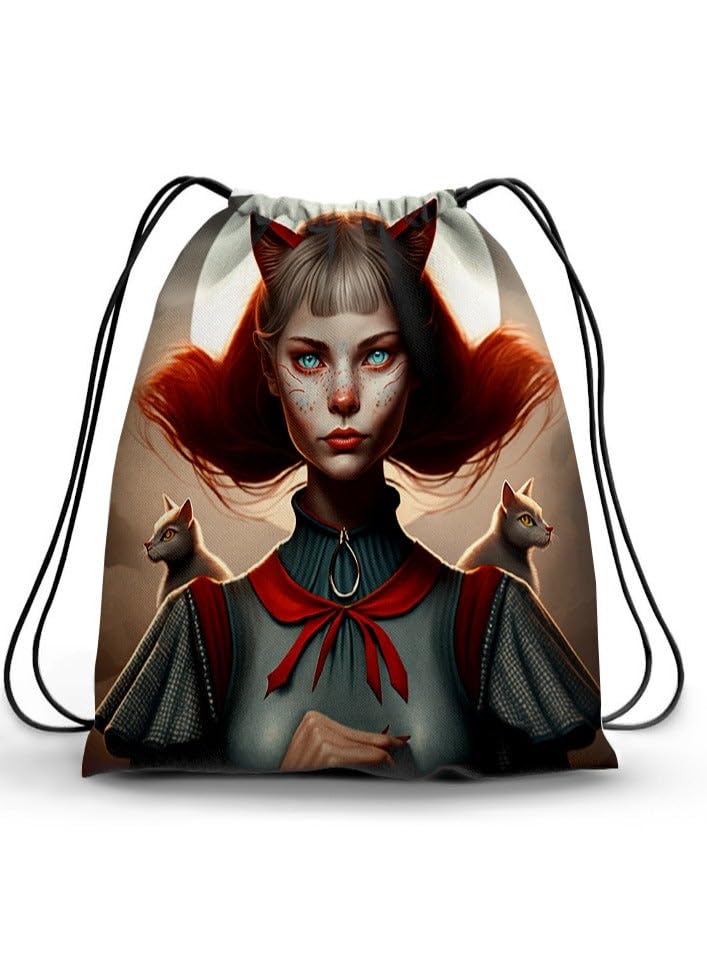 Drawstring Backpack with Cat Fantasy Art Design, Plastic Material, 50 Grams, 5 Items