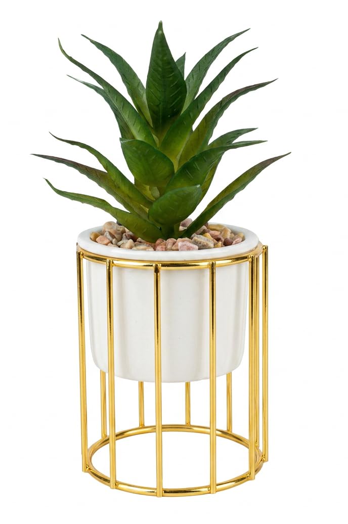 Elegant Gold Metal Plant Stand with White Ceramic Pot Modern Geometric Design with Beautiful Artificial Plant (Vertical)