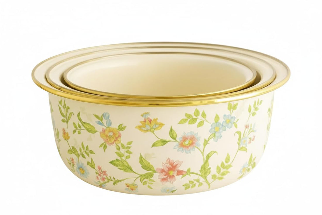 Home Care PP-209 3-Piece White Mixing Bowl Set with Gold Trim Elegant Kitchen Prep Solution, Pack of 1 - White/Gold