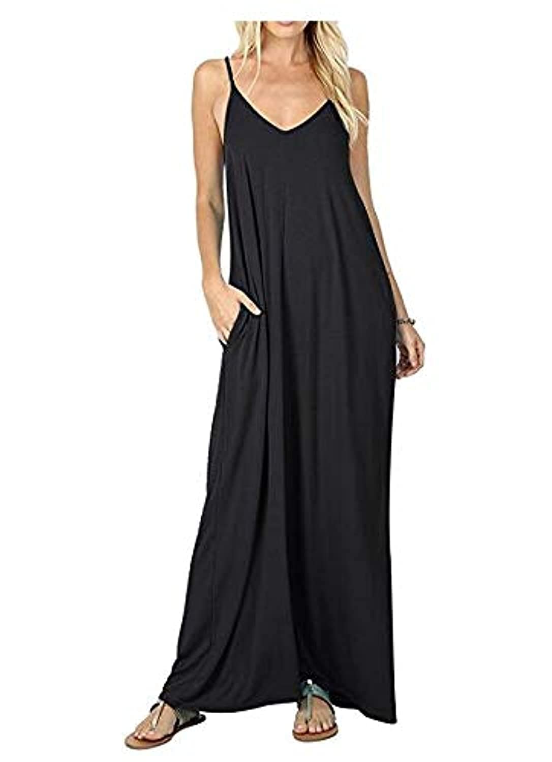 Women's Summer Casual Plain Flowy Pockets Loose Beach Cami Maxi Dress