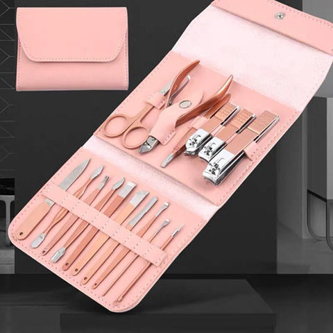 16 Pieces Manicure Pedicure Kit with Leather Case, Scissors, Nail Clippers, Nail File