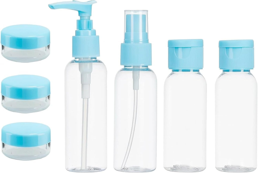 7 Pcs Travel Toiletry Bottles Set – Refillable Leak-Proof Mini Containers for Shampoo, Lotion, Creams & Skincare – Includes Pump, Spray, Jars & Flip-Cap Bottles with Clear Zip Pouch (Blue)