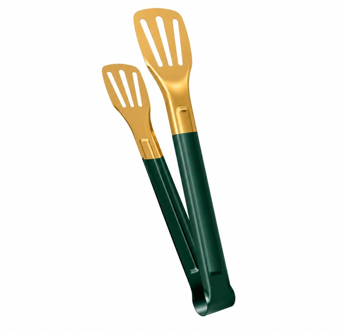 Downtown Stainless steel food tongs in golden color for barbecue, serving food, desserts and buffets (green handle)