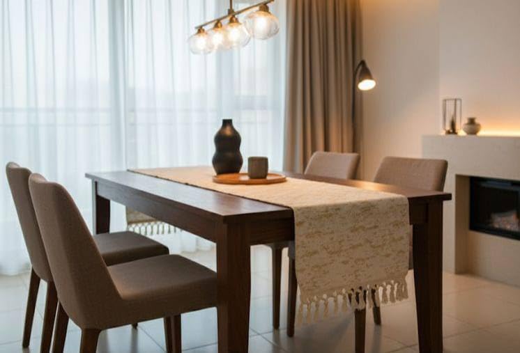 Elegant Table Runner, 150 x 45 cm,(Cream) Tassel Trim, Modern Dining Decor .br