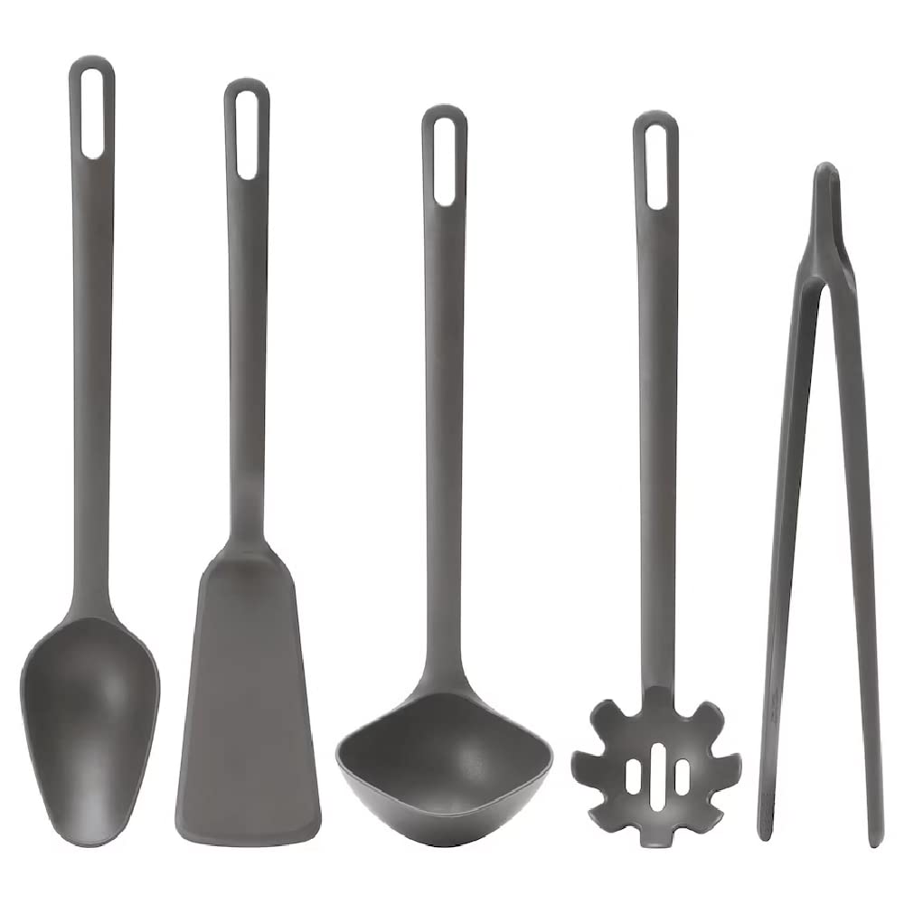I-K-E-A FULLÄNDAD 5-Piece Kitchen Turner Spoon Soup Ladle Pasta Server Cooking Tweezers Utensil Set Non Stick Grey + Free TSA Shoe Bag