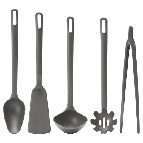 I-K-E-A FULLÄNDAD 5-Piece Kitchen Turner Spoon Soup Ladle Pasta Server Cooking Tweezers Utensil Set Non Stick Grey + Free TSA Shoe Bag