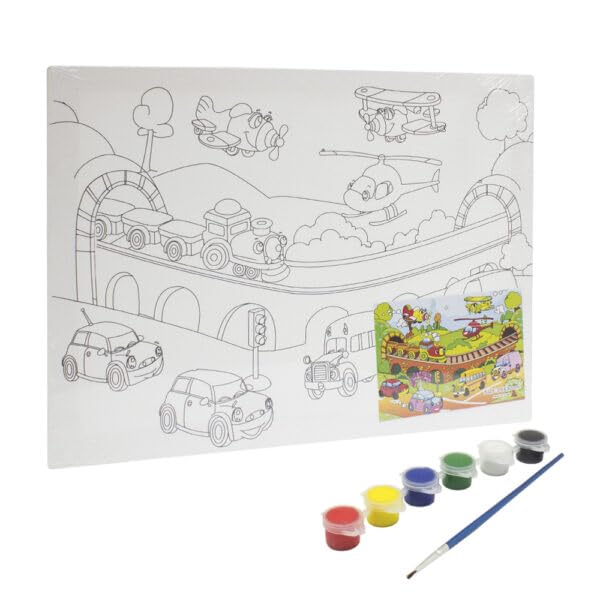 Keep Smiling Canvas Painting Set With Paint Brush & 6 Watercolor For Kids, 30 x25 cm - White Black - 524