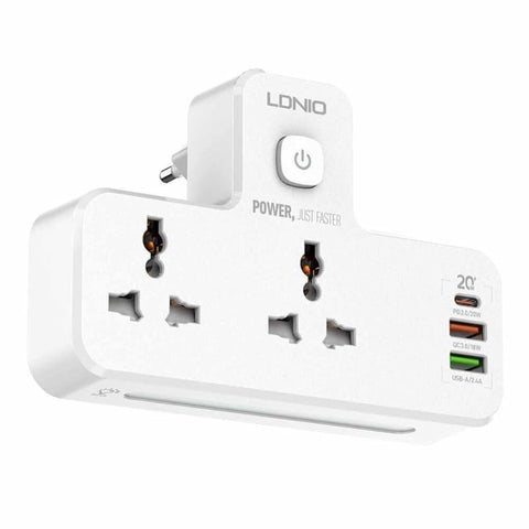 Ldnio. SC2311 Portable Extension Power Strip With 2 AC Power Socket And 3 USB Port, 2500 Watt Power And Night Lamo - White
