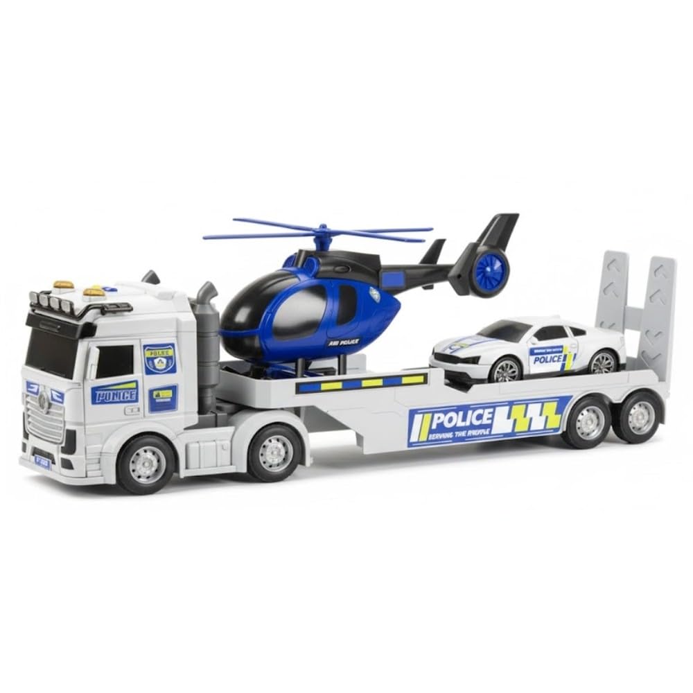 Police Flatbed Transporter 2 in 1 with Air Police Helicopter & Police Car with Sound & Lights - JP588-77B