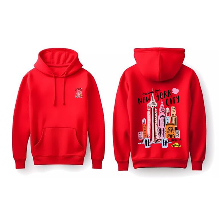 Red Hoodie with New York City Graphic Print, Front Pocket, Drawstring Hood SIZE (L)