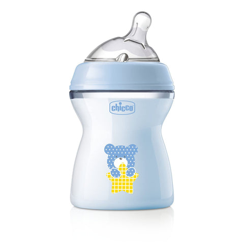 Chicco Natural Feeling Anti-Colic Bottle 2 Months + 250 ml, Soft and Flexible Silicone Teat Feeding Bottle Suitable for Mixed Breastfeeding Medium Flow Blue