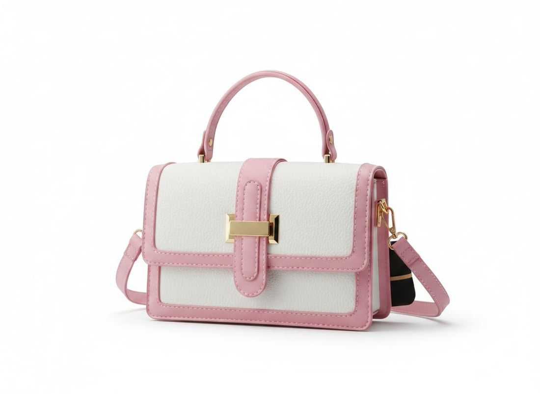 A stylish women's handbag in two colors, white and pink, with a modern design and a distinctive gold buckle. It is fashionable and suitable for various looks.