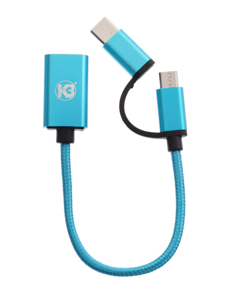 K3 A77 2-in-1 OTG USB Cable – Type-C + Micro USB, Nylon Braided Durable Cord, High-Speed Data Transfer, Compatible with Android Devices, Power Banks, and More – Turquoise
