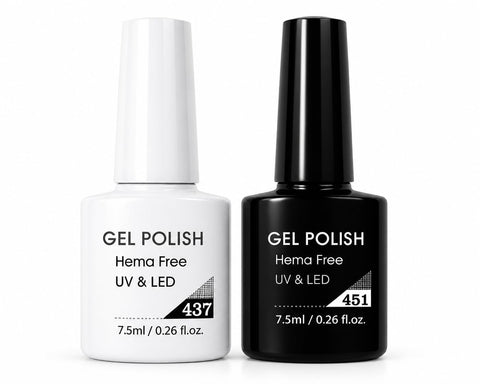 2 Pieces Gel Nail Polish Set White & Black, Soak Off UV LED Gel Polish Kit, Solid High Pigment Colors, Smooth Full Coverage Formula, Long Lasting Shine, Easy Application for Nail Art, 7.5ml (437/451)