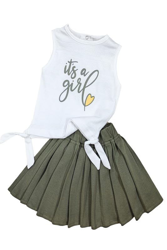My Baby Girls Pleated Skirt Set with Knotted Sleeveless Blouse & Girl Print
