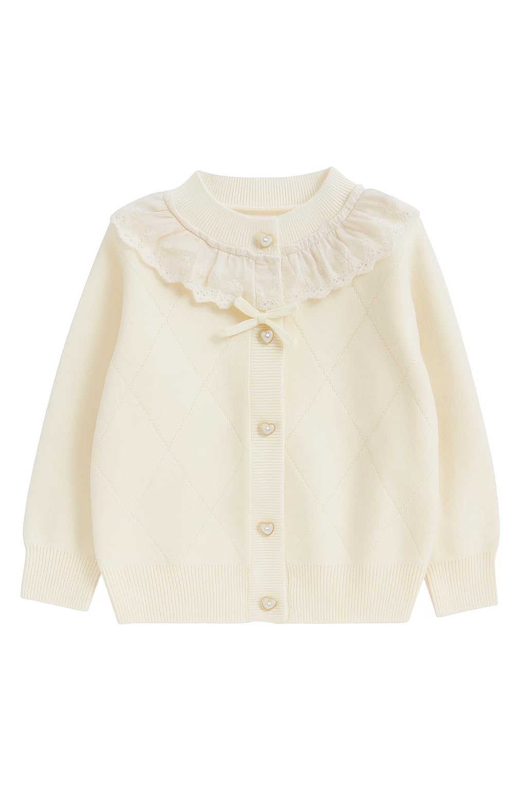 Mira Kids Girls Winter Cardigan with Lace and Heart Buttons – Girls Fashion Long Sleeve Jacket (Black, Off White)