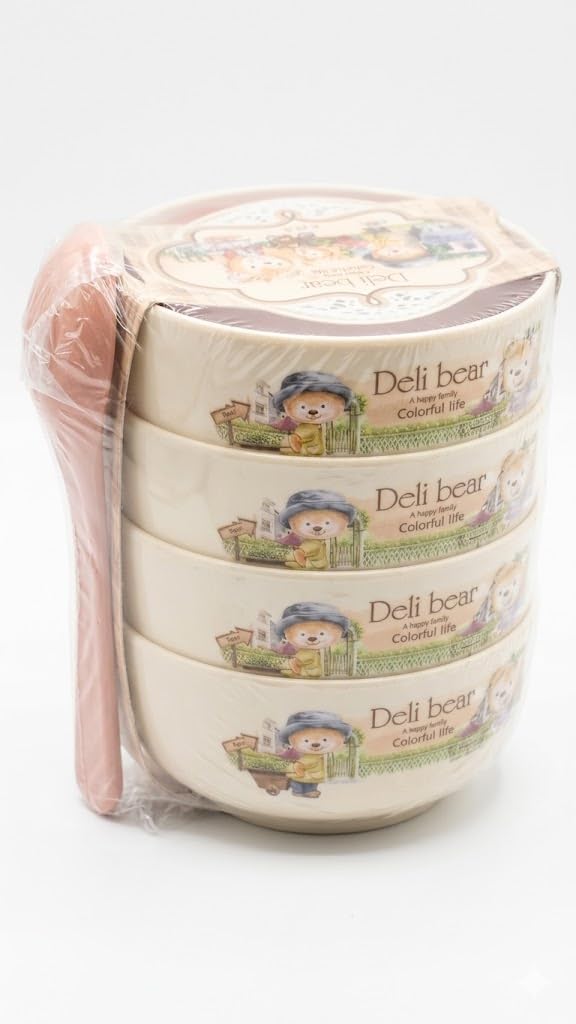 GENERIC, Daily Bear Plastic Bowls and Spoons Set, 350ml Capacity, Cute Bear Design, 4-Piece Set