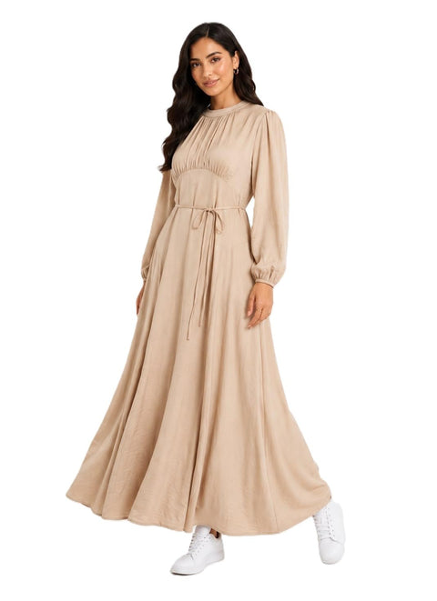 Women's Long Puff Sleeve Soft Satin Maxi Dress with Spaghetti Strap Elegant Ruffles Bust Casual Evening Dress for Occasions and Modest Looks.